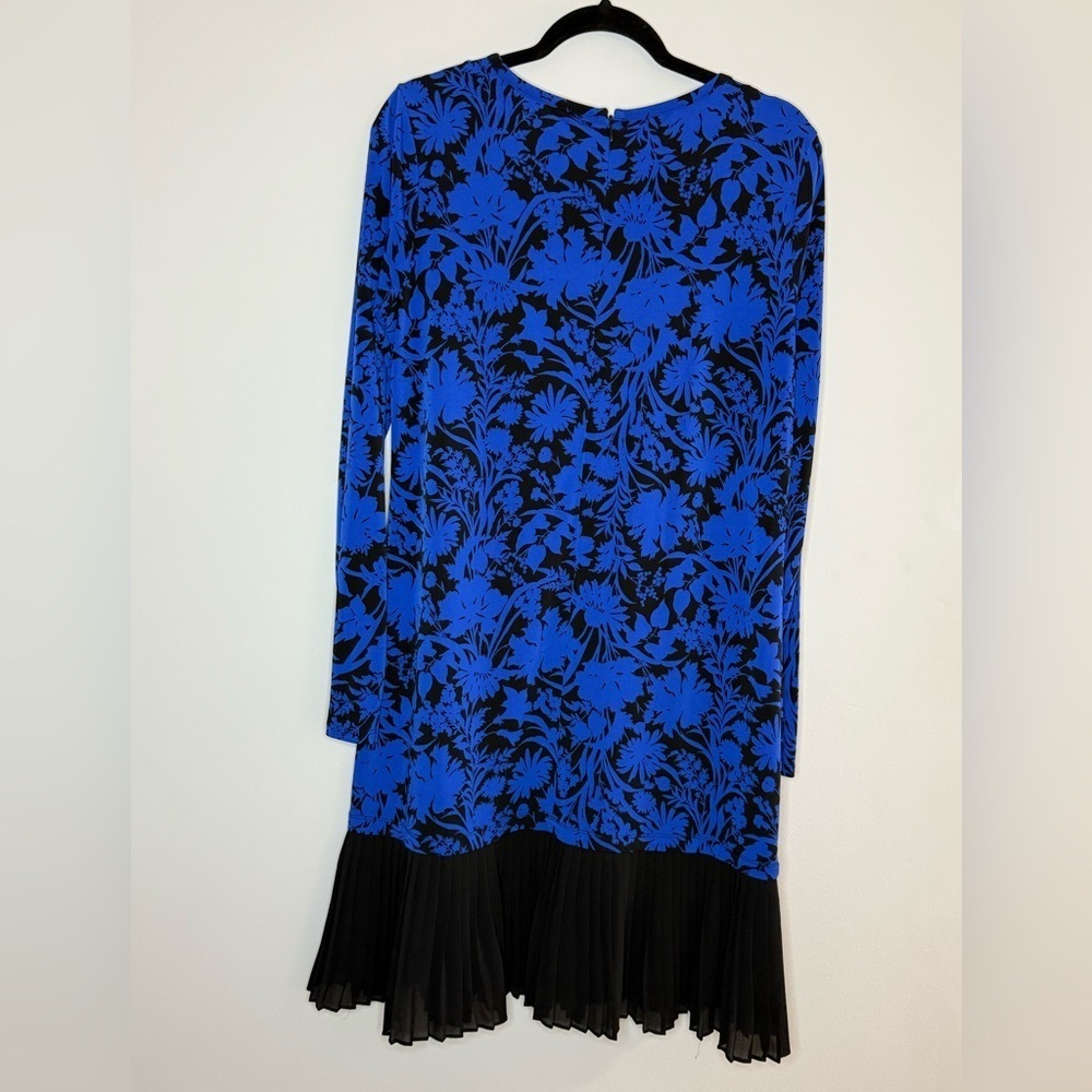 Michael Kors Blue Black Floral Pleated Hem Long Sleeve Dress Cocktail & Evening - Picture 6 of 6